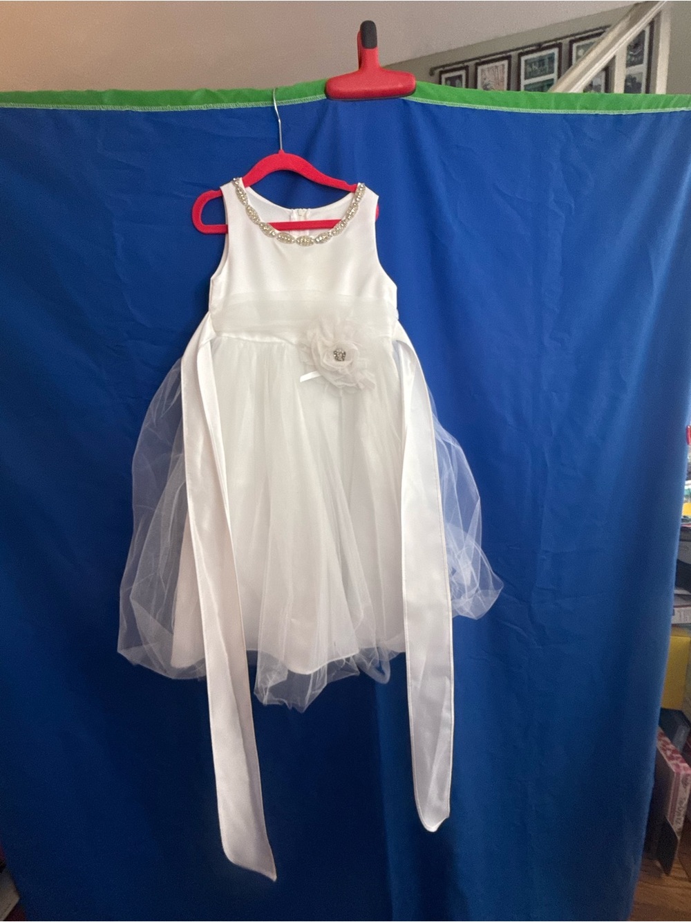 Girls Petite Adele White Rhinestone Neckline Satin Tulle Dress